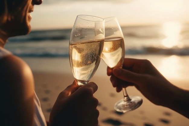 Photo romantic champagne toast at sunset on the beach