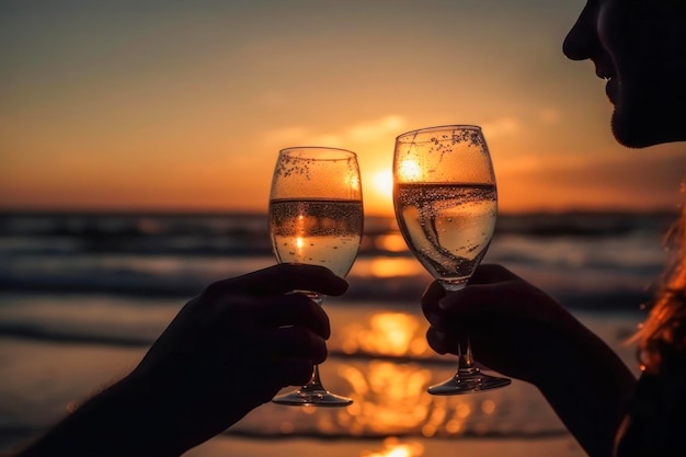 Romantic champagne toast at sunset on the beach