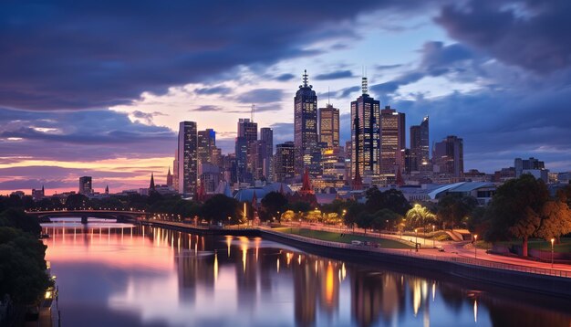 romantic city skyline in the evening dusk sunset with cloudy sky above