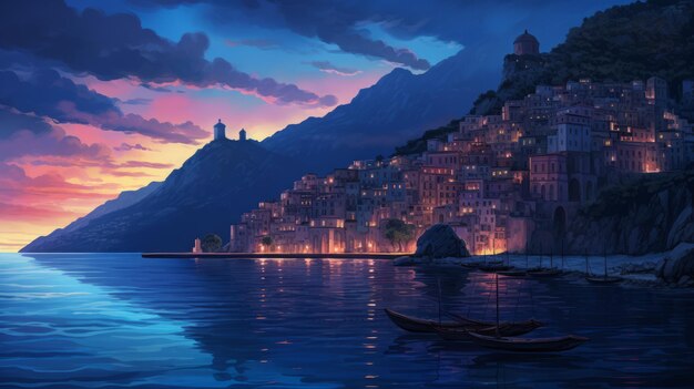 Photo romantic cliffside town a dazzling night scene with boats on water