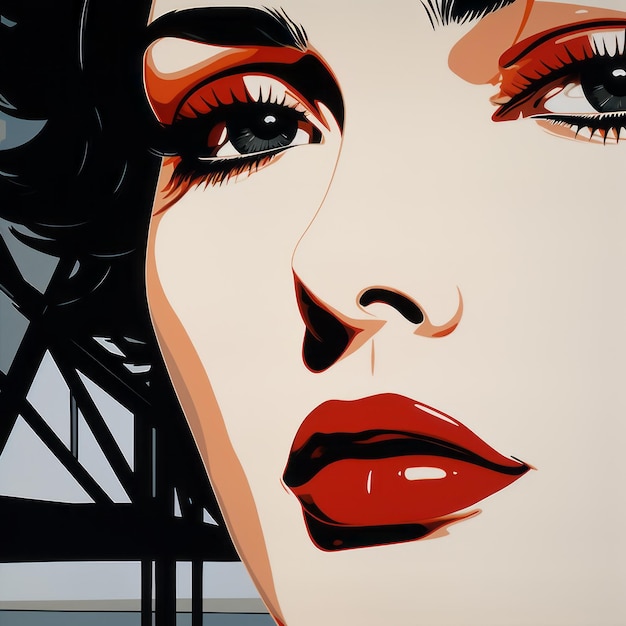 Romantic Closeup A Girl Portrait With Red Lips In The Style Of Patrick Nagel