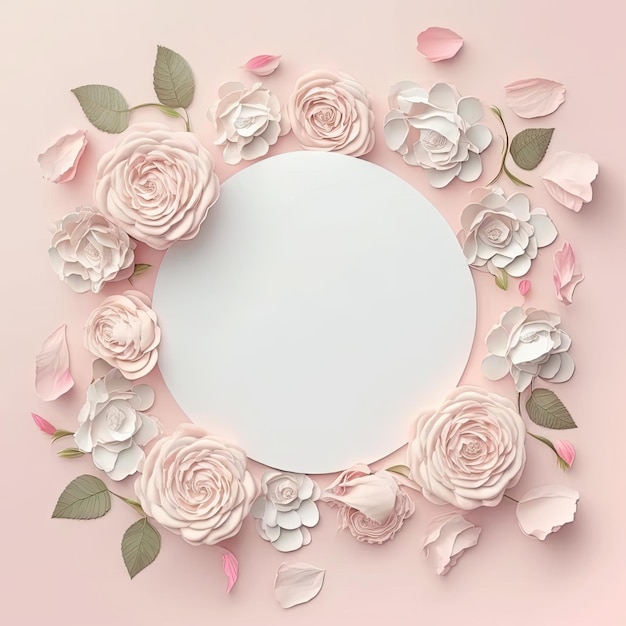 Romantic color in pastel roses of circle shape frame with leave concept