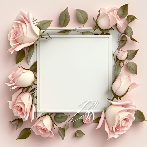 Romantic color in pastel roses of square shape frame with leave concept