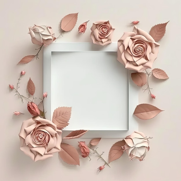Romantic color in pastel roses of square shape frame with leave concept