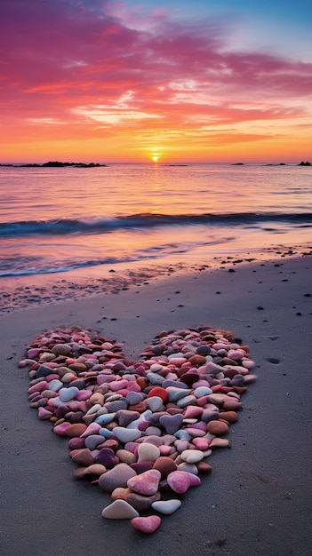 Романтический красочный каменный пляж с закатом утром