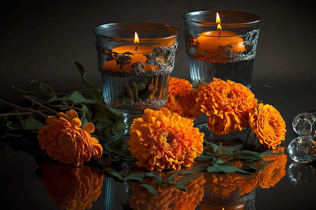 Romantic composition of marigold flowers and glass with candles