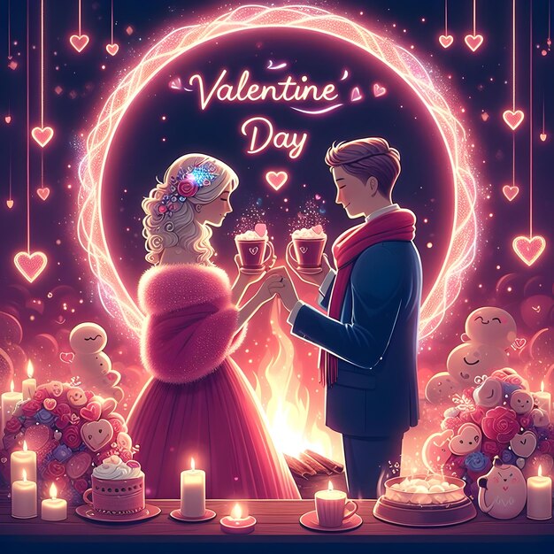 Photo romantic couple are celebrating valentines day with holding hands each other colorful illustration