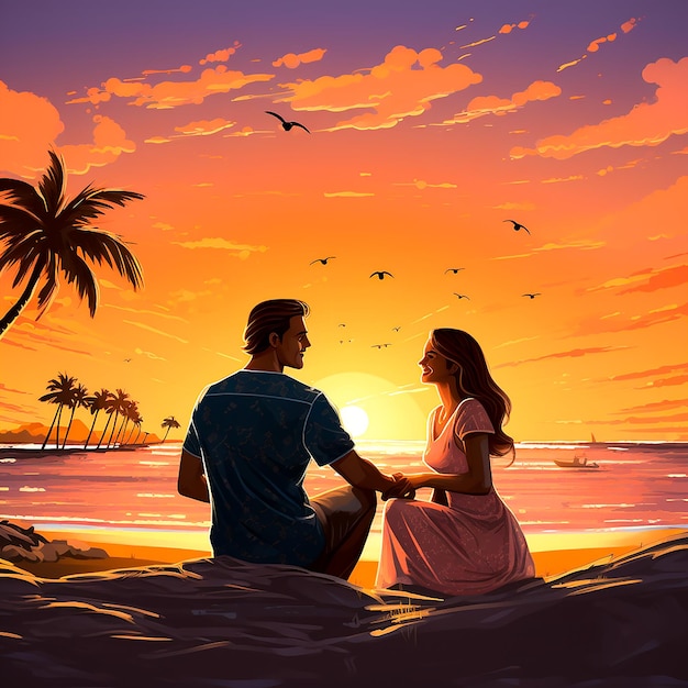 Romantic Couple on the Beach at Sunset Futuristic video game equipment nightclub generate AI