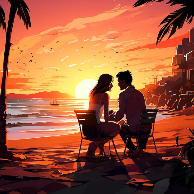 Romantic Couple on the Beach at Sunset Futuristic video game equipment nightclub generate AI