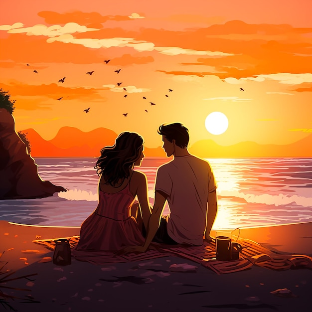 Romantic Couple on the Beach at Sunset Futuristic video game equipment nightclub generate AI