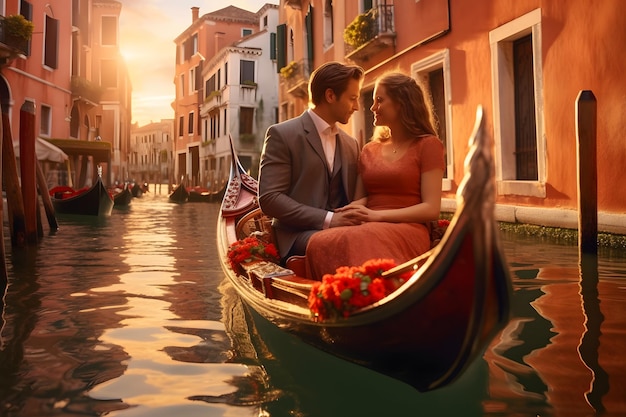 Romantic couple on a boat in evening