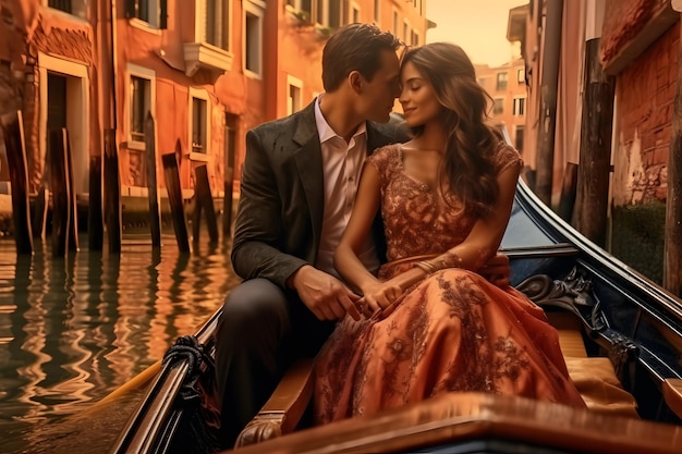 Romantic couple on a boat in evening