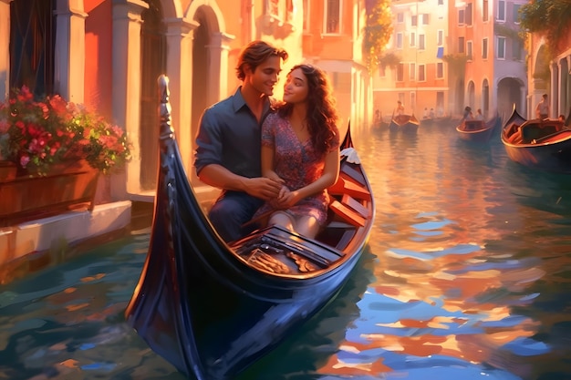 Romantic couple on a boat in evening