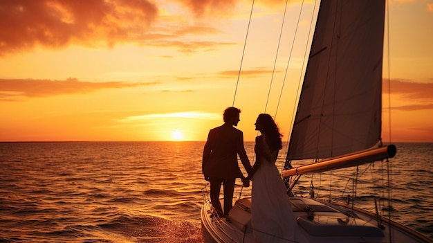 Foto coppia romantica su una barca al tramonto