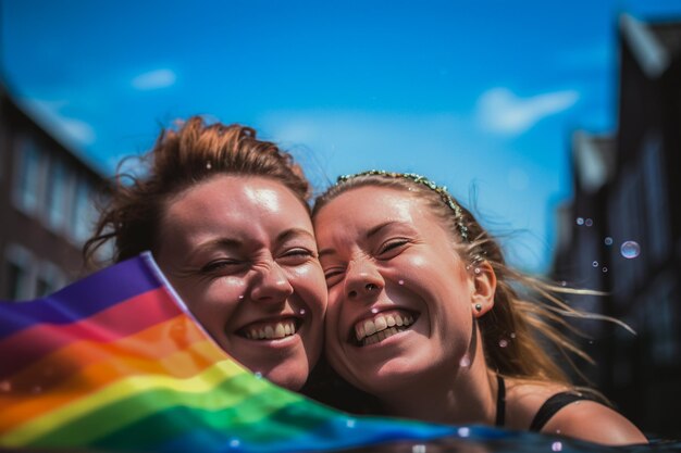 암스테르담의 LGBTQ 프라이드 퍼레이드에서 운하에서 만적 인 커플 암스테른 프라이드 달