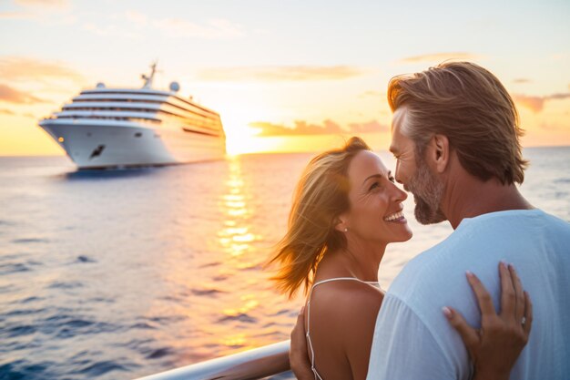 Photo romantic couple next to cruise ship on summer vacation holiday trip