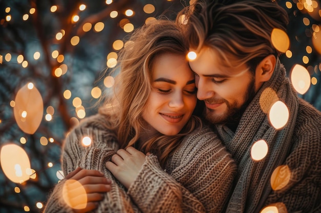 Photo romantic couple cuddling in cozy knitwear with festive lights background