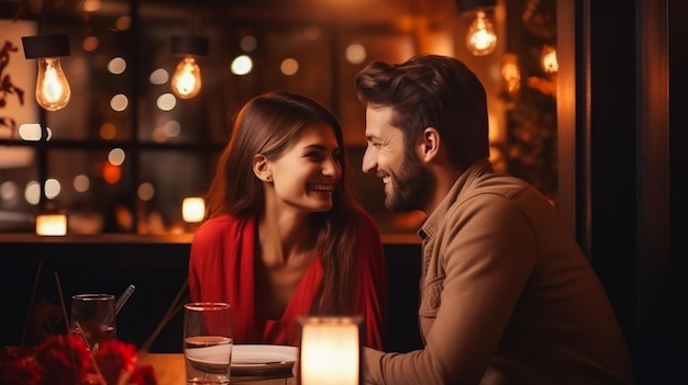 Photo romantic couple dating in pub at night