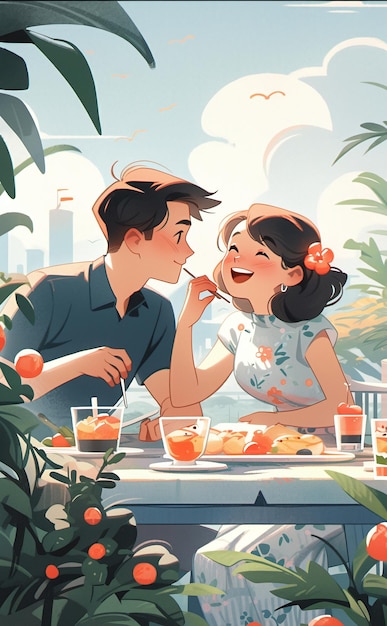 Romantic couple dating at restaurant in summer valentine's day illustration