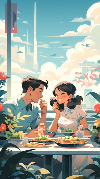 Romantic couple dating at restaurant in summer valentine's day illustration