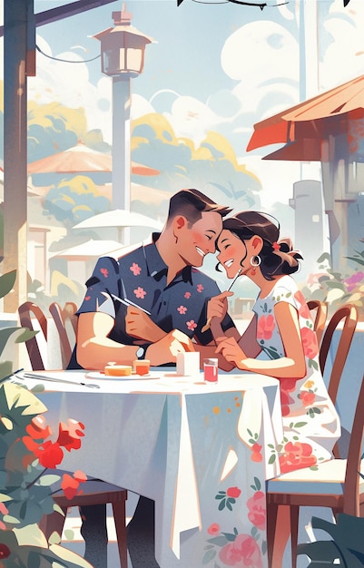 Romantic couple dating at restaurant in summer valentine's day illustration