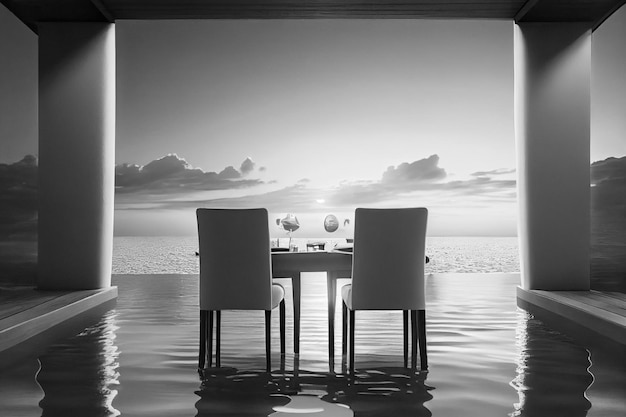 Romantic couple diner outdoor table with infinity pool and seascape view under sunset for Honeymoon