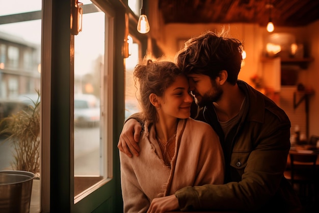 A romantic couple embraced in a cafeteria