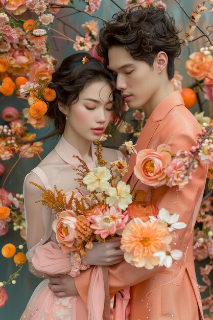 Romantic Couple Embracing in Floral Paradise Tender Love and Elegance Perfect for Wedding and