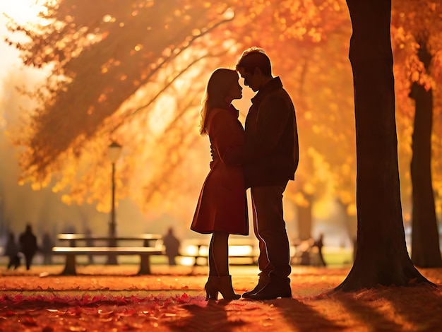 Romantic Couple Embracing in Paris Park Autumn Sunset Love Story