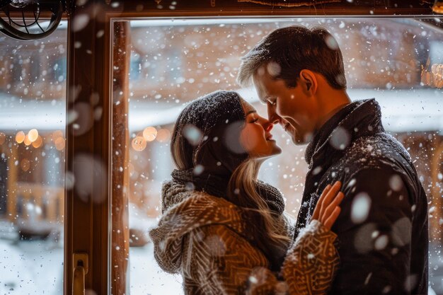 ロマンチックなカップルが雪の冬の夕方に抱きしめ合っている 居心地の良いキャビンの窓のそばで 凍りついた柔らかい愛
