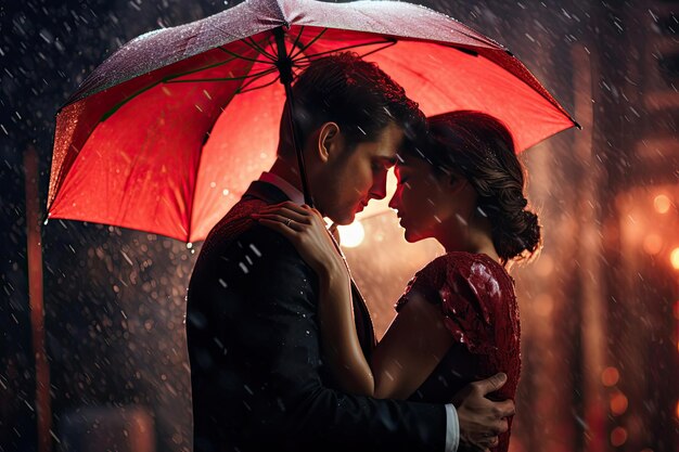 Romantic Couple Embracing Under Umbrella With Valentines in Rain