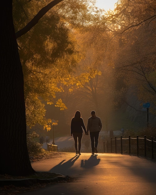 Photo romantic couple enjoying a golden sunset walk in autumn park