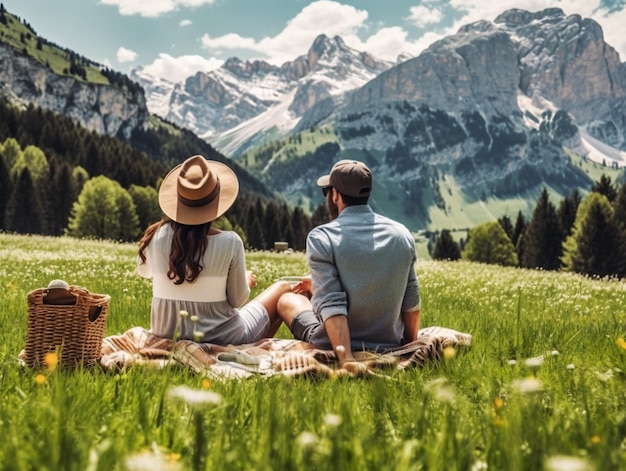 Romantic couple enjoying a picnic date in a scenic field with majestic mountains generative ai