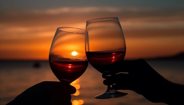 A romantic couple enjoys a celebratory toast at sunset beach generated by AI