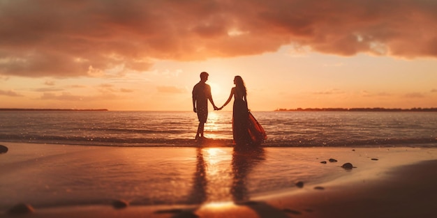 Romantic Couple Hold Hands on the Beach at Sunset Generative AI
