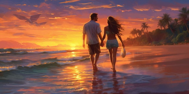 Romantic Couple Hold Hands on the Beach at Sunset Generative AI