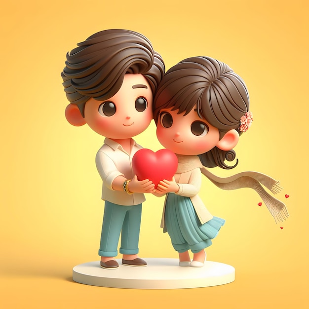 A romantic couple holding a love 3d cartoon valentines day