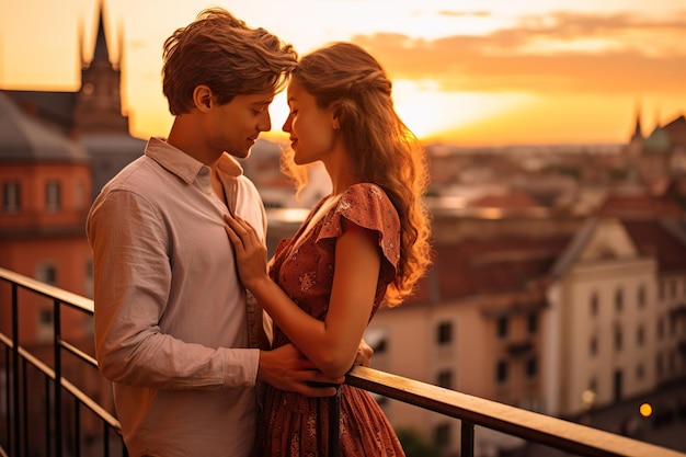 Фото Романтическая пара обнимает друг друга на балконе городского пейзажа в золотой час