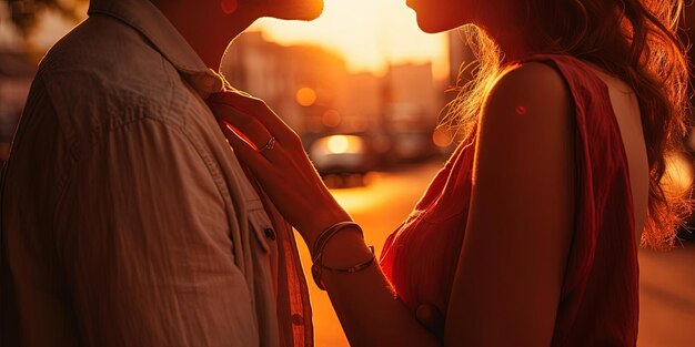 romantic couple kissing holding hands at sunset in the style of closeup intensity