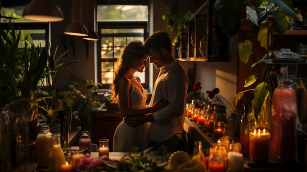 Photo romantic couple in the kitchen celebratic love anniversary