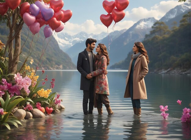 Фото Романтическая пара любит пару, стоящую в воде с воздушными шарами, плавающими в воздухе.