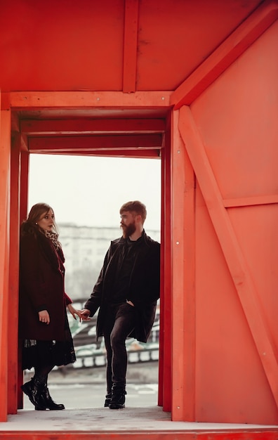 Romantic couple in love standing together on the street