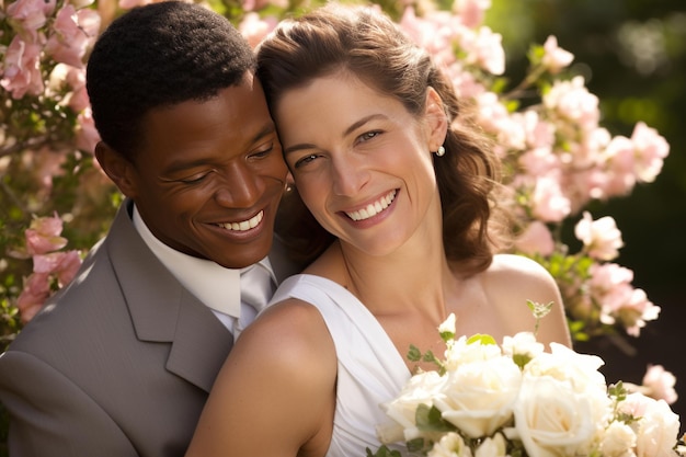 Photo a romantic couple in love surrounded by joy flowers