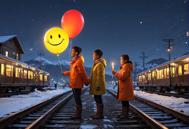 Photo romantic couple love two people standing on train tracks with balloons in the air