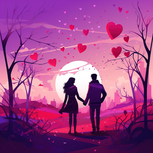 Romantic couple in love walking in the park Vector illustration