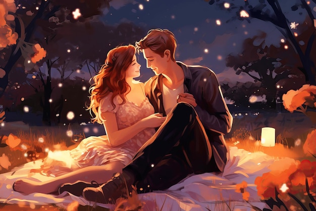 写真 ロマンチックなカップル木の下の公園で恋人星の下のロマンチック・デート・ナイトバレンタインデー