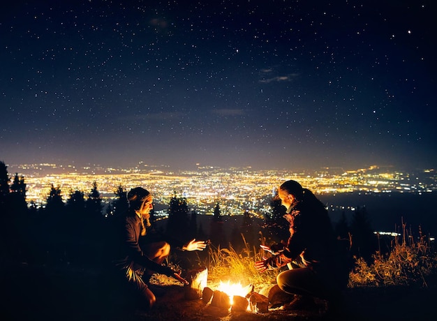 Romantic couple near campfire at starry night