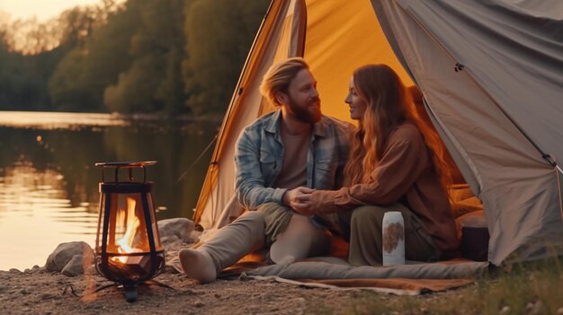 Romantic_couple_on_camping_by_the_river_outdoor Generative AI