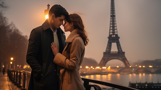 Romantic couple in Paris at the Eiffel tower in the fog