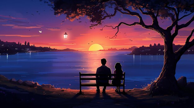 Romantic couple relax time sunset view